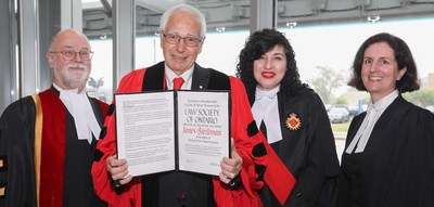 The Law Society of Ontario (LSO) presented an honorary LLD to The Hon. James Bartleman, O.C., O.Ont., (second from left), at its Call to the Bar ceremony in London on June 20, in recognition of his contributions to the province and country throughout his distinguished career in public service. Congratulating him, from left to right are: LSO Treasurer Malcolm Mercer; The Hon. Renée Pomerance, Superior Court of Justice; and LSO bencher Teresa Donnelly. (CNW Group/The Law Society of Ontario)