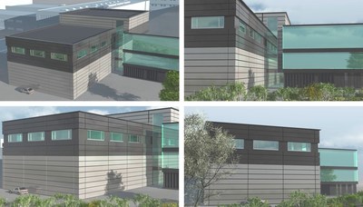 3D rendering of the new building at EV Group's headquarters adjacent to the existing reception and office building.
