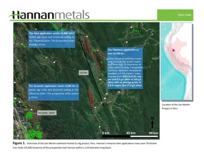 Figure 1. Overview of the San Martin sediment-hosted Cu-Ag project, Peru. Hannan's mineral claim applications now cover 76 kilometres strike (35,400 hectares) of the prospective host horizon within a 110 kilometre long basin. (CNW Group/Hannan Metals Ltd.)