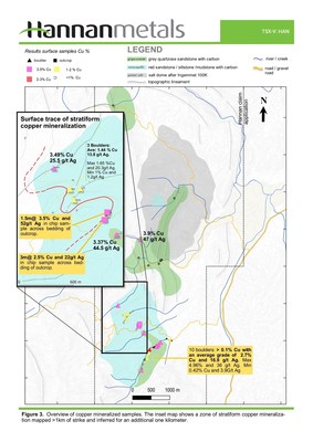 Figure 3. Overview of copper mineralized samples. The inset map shows a zone of stratiform copper mineralization mapped >1km of strike and inferred for an additional one kilometer. (CNW Group/Hannan Metals Ltd.)
