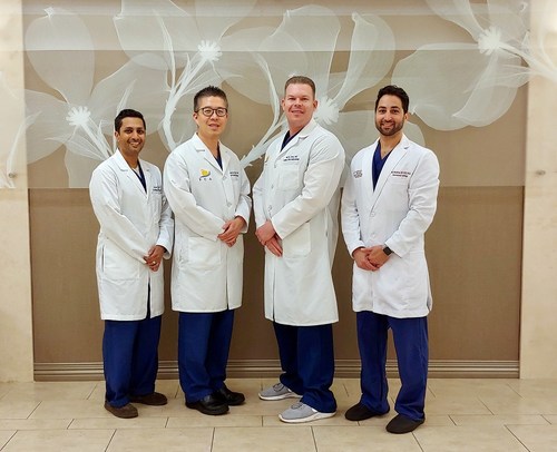 MemorialCare Saddleback Medical Center cardiologists (from left) Ashish Shah, D.O.; Cheng-Han Chen, M.D., Ph.D.; Paul Drury, M.D., and John Bahadorani, M.D are successfully implanting a permanent device to reduce stroke risk in patients with non-valvular atrial fibrillation.