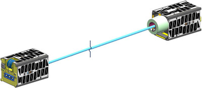 U.S. Naval Research Laboratory’s Tether Electrodynamic Propulsion CubeSat Experiment‘s CubeSat split into two and connected by a tether. (Graphic courtesy of Cameron Crippa/U.S. NRL) U.S. Naval Research Laboratory’s Tether Electrodynamic Propulsion CubeSat Experiment‘s CubeSat split into two and connected by a tether. (Graphic courtesy of Cameron Crippa/U.S. NRL)