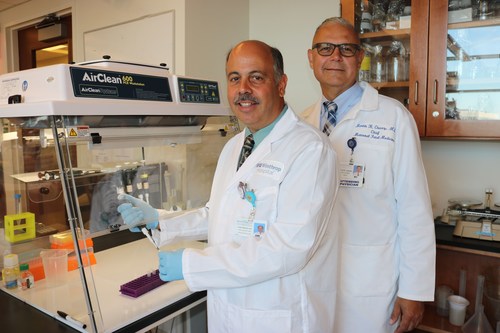Drs. Louis Ragolia and Martin Chavez (left to right) in the laboratory at NYU Winthrop Hospital's Research Institute on Long Island. Dr. Ragolia identified a biomarker that is based on an important discovery related to the risk of preterm birth. Dr. Chavez, who specializes in maternal-fetal medicine and fetal surgery, says a biomarker test could help physicians proactively manage and screen for the risk of preterm delivery.