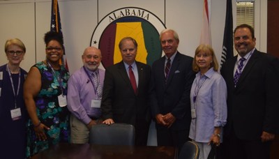 Steve Cook (right), a volunteer leader with PanCAN's Huntsville, Ala., Affiliate who lost his wife to pancreatic cancer last year, along with other local advocates met with representatives on Capitol Hill including Senator Doug Jones (D-AL) (middle).