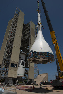 The test version of Orion attached to the Launch Abort System for the Ascent Abort-2 (AA-2) flight test is hoisted up by crane at Space Launch Complex 46 at Cape Canaveral Air Force Station in Florida on May 23, 2019. The flight test article will be moved inside the vertical integration facility for stacking atop the booster. The booster was procured by the U.S. Air Force and manufactured by Northrop Grumman.