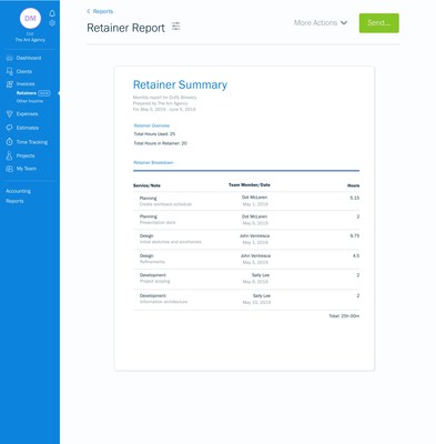 FreshBooks' new Retainers feature helps service-based businesses track hours against allotted time to effectively manage project progress. (CNW Group/FreshBooks)