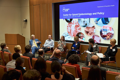 Launch event for the Center for Opioid Epidemiology & Policy featuring (from left to right) Dr. Edward Nunes, Columbia University; Dr. Daniel Neill, NYU Wagner Graduate School of Public Service; Dr. Magdalena Cerdá, NYU Langone Health; Abby Goodnough, The New York Times; Dr. Sherry Glied, Dean, NYU Wagner Graduate School of Public Service; Dr. Jennifer McNeely, NYU Langone Health