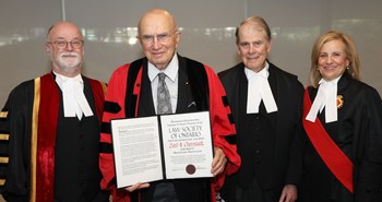 The Law Society of Ontario (LSO) presented Earl A. Cherniak, Q.C. (second from left), with an honorary LLD at the June 26 morning call to the Bar ceremony in Toronto. He was honoured for his immense contribution to the legal profession and to the administration of justice in Canada – and for his devotion to the rule of law. Congratulating him (l-r) are: LSO Treasurer Malcolm Mercer; The Hon. Robert P. Armstrong, Q.C., and the Hon. Bonnie Croll. (CNW Group/The Law Society of Ontario)