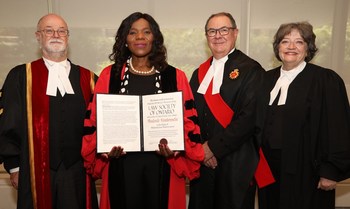 Professor Thulisile Madonsela (second from left) received an honorary LLD from the Law Society of Ontario at the June 25 afternoon Call to the Bar ceremony in Toronto. She was honoured for her work in her role as Public Protector for South Africa. Shown here congratulating her are (l-r): LSO Treasurer Malcolm Mercer; The Hon. Geoffrey B. Morawetz; and Emeritus Treasurer Janet Minor. Professor Madonsela is currently the Chair in Social Justice in the Law Faculty of Stellenbosch University. (CNW Group/The Law Society of Ontario)