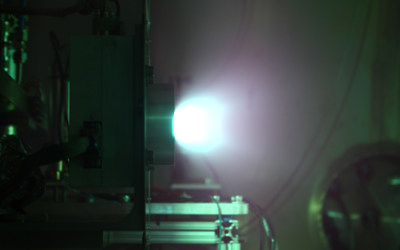 Phase Four RF thruster firing in a vacuum chamber.