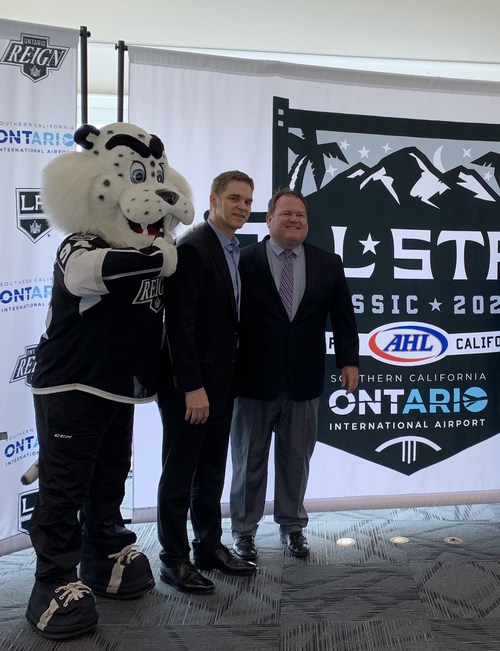 L.A. Kings President Luc Robitaille (center), ONT CEO Mark Thorpe (right) and Ontario Reign mascot Kingston (left) at the announcement of ONT's sponsorship of the AHL All-Star Classic.