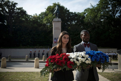 Students from universities in France and the United States hold a remembrance ceremony at the General Pershing statue in Versailles, on Friday, June 28, 2019 in Versailles, France. The ceremony was part of 