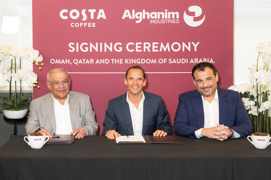 Kutayba Y. Alghanim, Executive Chairman, Alghanim Industries, Dominic Paul, CEO, Costa Coffee, and Omar K. Alghanim, Group CEO, Alghanim Industries, celebrate the expansion of the companies' successful partnership.