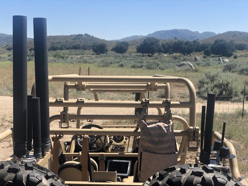 Citadel Defense's Titan CUAS system integrated onto a military vehicle. Broadly used for expeditionary missions, Citadel's counter drone solution keeps troops protected and undetected from drones when stationary or on the move.