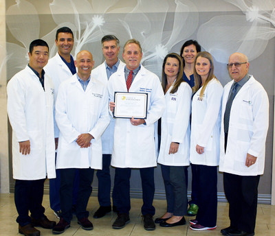 MemorialCare Saddleback Medical Center physicians and nurses proudly display recognition as Orange County&rsquo;s only hospital to be named a Center of Excellence for Obstetrical Anesthesia: Front row (from left) Anesthesiologists Jason Chua M.D.; David Deyhimy M.D., and Stephen Garber M.D.; Christine Huff, MSN-INF, RNC-OB Director, Women's and Children&rsquo;s Services; Brittany Grant, BSN, RNC-OB Operations Manager of LDRP (Labor, Delivery, Recovery and Post-Partum); and Neonatologist Ronald Naglie M.D.; and back row (from left) Anesthesiologist Julio Duarte M.D.; Perinatologist Michael Haydon M.D., and Julie Switzer BSN, RNC-OB Clinical Educator, LDRP.