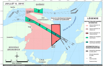 Figure - Carte du golfe du Saint-Laurent illustrant les mesures de protection supplmentaires de la baleine noire de l'Atlantique Nord. Le secteur de limitation de vitesse obligatoire a t divis en secteurs nord et sud; et le secteur de limitation de vitesse actuel a t largi plus  l'est, au-del des les-de-la-Madeleine et plus prs du dtroit de Cabot. (Groupe CNW/Transports Canada)