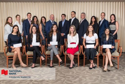 Denis Girouard (6th from the left) and Laurent Ferreira (5th from the right), Executive Vice-Presidents and Co-Heads – Financial Markets at National Bank, with members of their team and the six winners of the 10th edition of the Women in Financial Markets Internship Program, seated from left to right: Melissa Khirdine, Jordan Shema, Alysaa Co, Koralie Levac-Séguin, Véronique Dagenais, Shivani Pradhan. (CNW Group/National Bank of Canada)