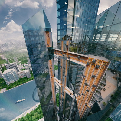 The MULTI revolution changes the way people move inside buildings, providing completely new perspectives for architects, real estate owners and passengers. By employing linear motors for each cabin, no ropes are needed at all - MULTI moves move vertically as well as horizontally. (PRNewsfoto/thyssenkrupp Elevator AG)