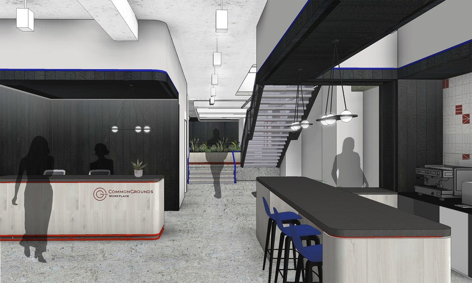 Rendering of ground-floor entrance at CommonGrounds Workplace in 1500 K in D.C. slated to open Q1 2020