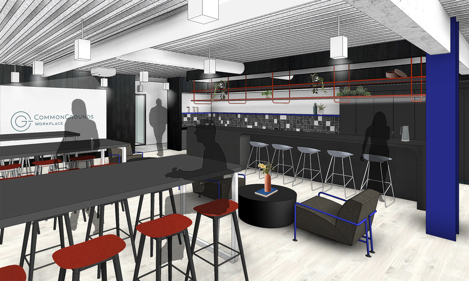 Rendering of second-floor communal pantry and event space at CommonGrounds Workplace in 1500 K in D.C. with winter 2020 opening