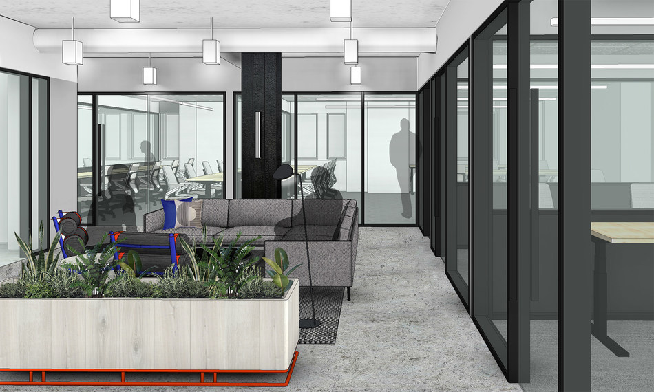 Rendering of CommonGrounds' private offices and team rooms at 1500 K in D.C. opening Q1 2020