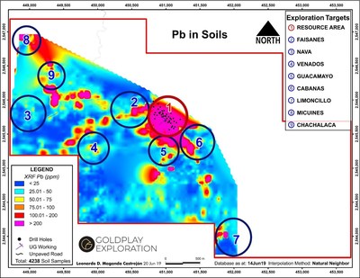 Figure 5 San Marcial Targets Including Nava and Chachalaca – Pb in Soil Geochemistry (CNW Group/Goldplay Exploration Ltd)