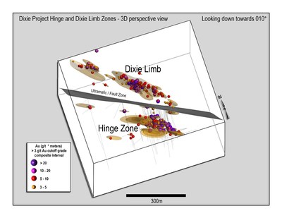 Figure 3: View downwards towards the north of the same interpreted drill results data shown in Figure 1 and Figure 2. (CNW Group/Great Bear Resources Ltd.)