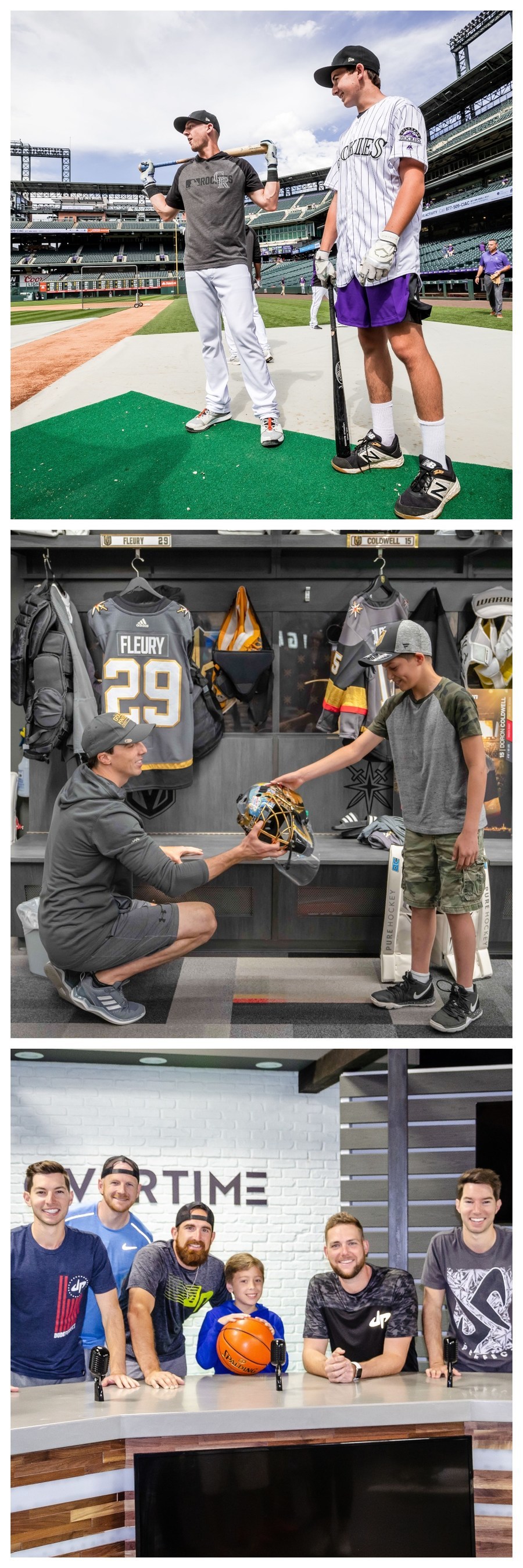 Sam with the Colorado Rockies (top). Doron with NHL all-star goaltender Marc-André Fleury of the Vegas Golden Knights (middle). Nolan with YouTube sensations Dude Perfect (bottom).