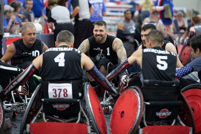 Wheelchair rugby athletes at the 39th National Veterans Wheelchair Games prepare to start competition. Wheelchair rugby athletes at the 39th National Veterans Wheelchair Games prepare to start competition.