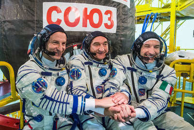 At the Baikonur Cosmodrome in Kazakhstan, Expedition 60 crew members Drew Morgan of NASA, Alexander Skvortsov of the Russian space agency Roscosmos and Luca Parmitano of ESA (European Space Agency) pose for pictures July 5, 2019, in front of their Soyuz MS-13 spacecraft during prelaunch preparations. They will launch July 20, 2019 from the Baikonur Cosmodrome in Kazakhstan for their mission on the International Space Station. Credits: Roscosmos/Andrey Shelepin