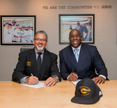 Earvin "Magic" Johnson and President Rick Gallot of Grambling State University celebrate the new partnership between SodexoMAGIC and Grambling State. The partnership includes a $6.7 million in facility renovations, menus by Chef G. Garvin, and more details available at gram.edu/news.