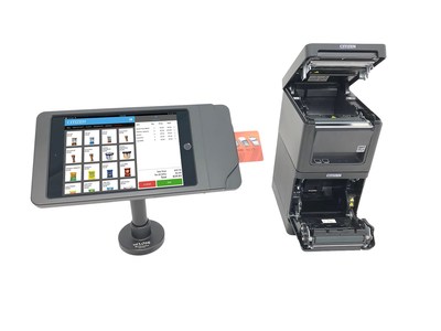 Citizen (front opening) CT-S751 pictured here stacked under a Citizen (top opening) CT-E351, with an industrial tablet enclosure and card reader by nCLOSE inc.