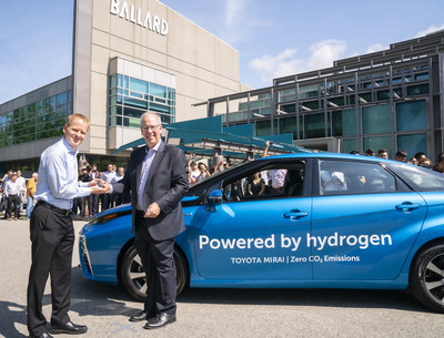 Stephen Beatty, (right) Vice President, Corporate, Toyota Canada Inc. provides Randy MacEwen, (left) President and CEO of Ballard Power Systems with the keys to a new fuel cell Toyota Mirai. (CNW Group/Ballard Power Systems Inc.)