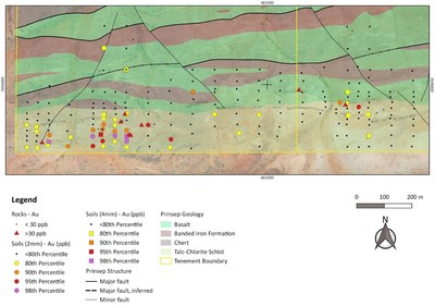 Figure 1: Prinsep South target area with rock and soil sampling. (CNW Group/NxGold Ltd.)