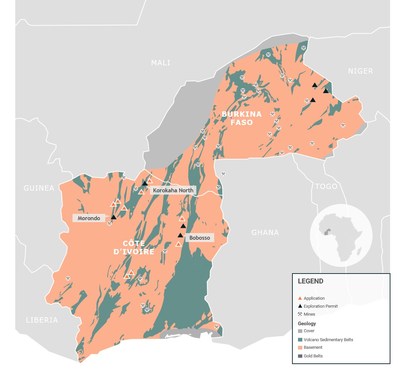 Figure 1: Côte d’Ivoire and Burkina Faso Projects Overview (CNW Group/Orca Gold Inc.)