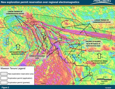 Figure 2: New exploration permit reservation and existing Mawson permits plotted over regional electromagnetics (Geological Survey of Finland data, 200 m flight height, real component of EM). (CNW Group/Mawson Resources Ltd.)
