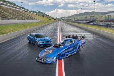 Matt Hagan’s 11,000-horsepower 2020 Dodge Charger SRT Hellcat Widebody Funny Car and the 707-horsepower production model Charger SRT Hellcat Widebody, the most powerful and fastest mass-produced sedan in the world, photographed at Bandimere Speedway near Denver.