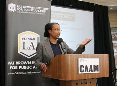 EVITARUS partner and lead researcher Shakari Byerly outlines the findings of the new Cal State LA poll.  (Credit: Ty Washington/Cal State LA)