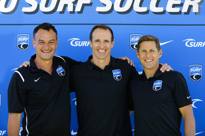 Drew Brees pictured with Surf Sport's National Sporting Director, Josh Henderson and CEO Brian Enge