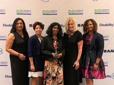 Members of the Bayer team accepted the honor of 2019 DEI Best Places to Work for Disability Inclusion at a dinner gala in Chicago, IL on July 17. Pictured from left to right: Daphanie Pointer, Lydia Pranke, Leela Dasari, Babette Simon and Leigh Ann Oravecz. Members of the Bayer team accepted the honor of 2019 DEI Best Places to Work for Disability Inclusion at a dinner gala in Chicago, IL on July 17. Pictured from left to right: Daphanie Pointer, Lydia Pranke, Leela Dasari, Babette Simon and Leigh Ann Oravecz.