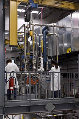 Technicians operate a two-story reactor with over 1,300 liters capacity at Nanosys’ expanded Quantum Dot manufacturing facility in Silicon Valley, California.