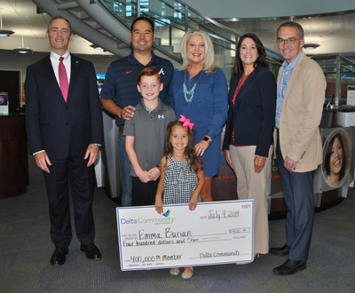 Cutline for photo: Delta Community CEO Hank Halter, left, and COO Matthew Shepherd, right, welcomed four-year old Emma Burian with a gift of $400 after she became the Credit Union’s 400,000th member. Also pictured are Delta Community Branch Manager Kelly Copeland, second from right, Emma’s parents Anthony Burian and Lauren Lancaster and Emma’s brother, Connor.