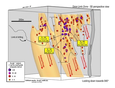 Figure 1: 3D section of Dixie Limb drilling to-date, view to northeast, showing steeply-plunging mineralization and predicted down-plunge high-grade zone geometries.  Maximum vertical drill depth is 450 metres, and all zones remain open to extension.  Limits of current drilling shown with dashed line.  The adjacent Hinge Zone has been removed from the foreground for ease of view. (CNW Group/Great Bear Resources Ltd.)