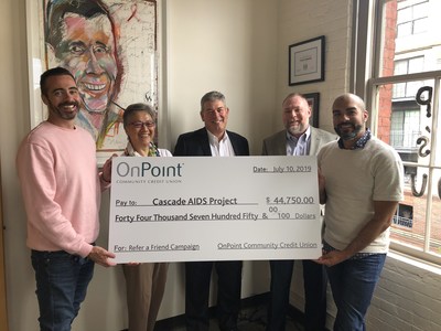 OnPoint Community Credit Union Senior Vice President/Chief Information Officer & HR Executive Jim Armstrong and Branch Manager Andy Jamison-LeGere present a check to Cascade AIDS Project (CAP). The donation covers the cost of a full year’s worth of HIV test kits (over 4500). Left to Right: CAP Chief of Staff Peter Parisot, CAP Director of Finance Wenda Tai, Jim Armstrong, Andy Jamison-LeGere and CAP Executive Director Tyler TerMeer. OnPoint Community Credit Union Senior Vice President/Chief Information Officer & HR Executive Jim Armstrong and Branch Manager Andy Jamison-LeGere present a check to Cascade AIDS Project (CAP). The donation covers the cost of a full year’s worth of HIV test kits (over 4500). Left to Right: CAP Chief of Staff Peter Parisot, CAP Director of Finance Wenda Tai, Jim Armstrong, Andy Jamison-LeGere and CAP Executive Director Tyler TerMeer.