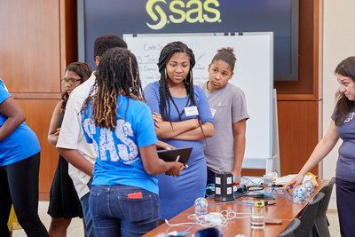 Students visiting SAS for a day of networking with employees, learning about analytics, and programming with robots.