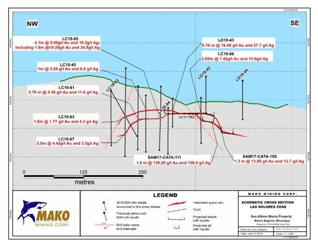SCHEMATIC CROSS SECTION LAS DOLORES ZONE - 1K - NR19-09 (CNW Group/Mako Mining Corp.)