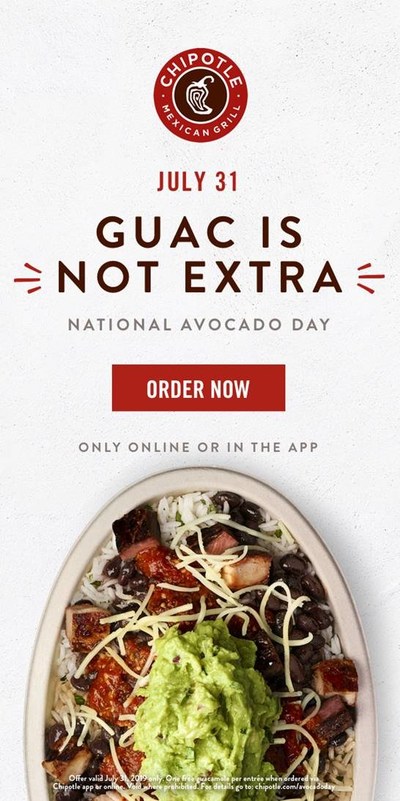 Chipotle Mexican Grill announced today it’s celebrating National Avocado Day on Tuesday, July 31st by offering free guac on any entrée purchased in Chipotle’s app or on chipotle.com.