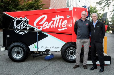 NHL Seattle CEO Tod Leiweke and Virginia Mason Chairman and CEO Gary S. Kaplan, MD, announce partnership with co-branded Zamboni in downtown Seattle on the morning of Thursday, July 25, 2019.