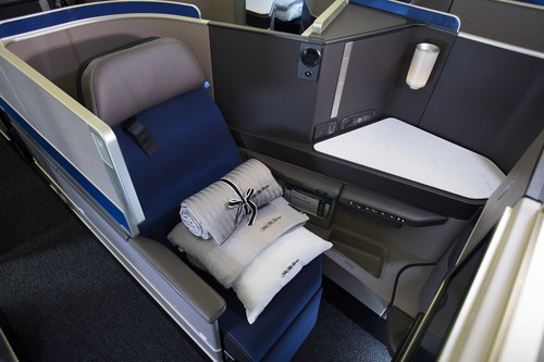 A United Polaris business class seat onboard one of the newly reconfigured 767-300ER aircraft that features 16 additional Polaris business class seats, which all have direct aisle access.