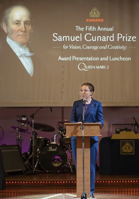 Founder and CEO of Shorefast Foundation & Fogo Island Inn, Zita Cobb, accepts the Samuel Cunard Prize for Vision, Courage and Creativity onboard Queen Mary 2 in Halifax, Nova Scoita on Friday, July 26, 2019. (Photo Credit: Steve Farmer for Cunard)